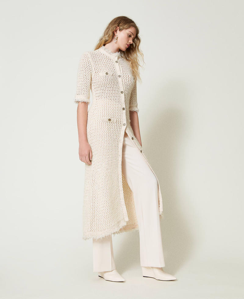Robe-cardigan en maille jacquard point filet Blanc « Old White » Femme 242TP3772_11748_01
