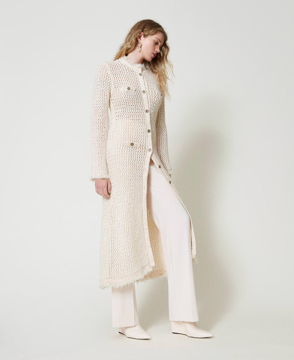 Robe-cardigan en maille jacquard point filet Blanc &laquo;&nbsp;Old White&nbsp;&raquo; Femme 242TP3772_11748_01