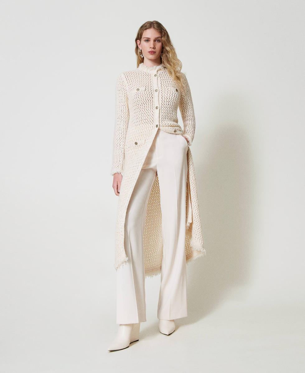 Robe-cardigan en maille jacquard point filet Blanc &laquo;&nbsp;Old White&nbsp;&raquo; Femme 242TP3772_11748_02