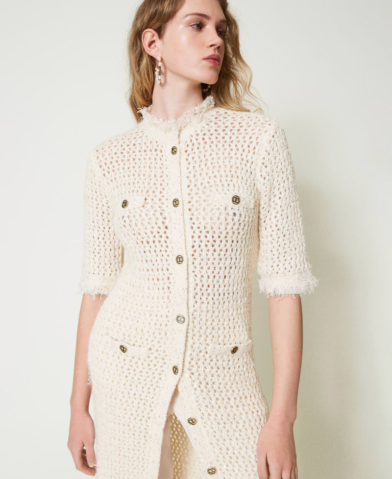 Robe-cardigan en maille jacquard point filet Blanc « Old White » Femme 242TP3772_11748_04