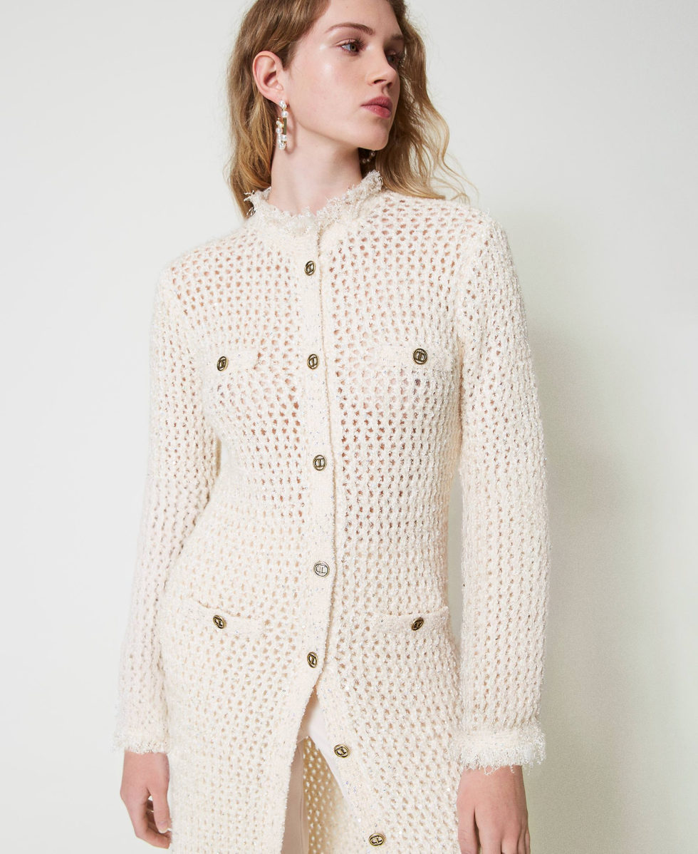 Robe-cardigan en maille jacquard point filet Blanc &laquo;&nbsp;Old White&nbsp;&raquo; Femme 242TP3772_11748_04