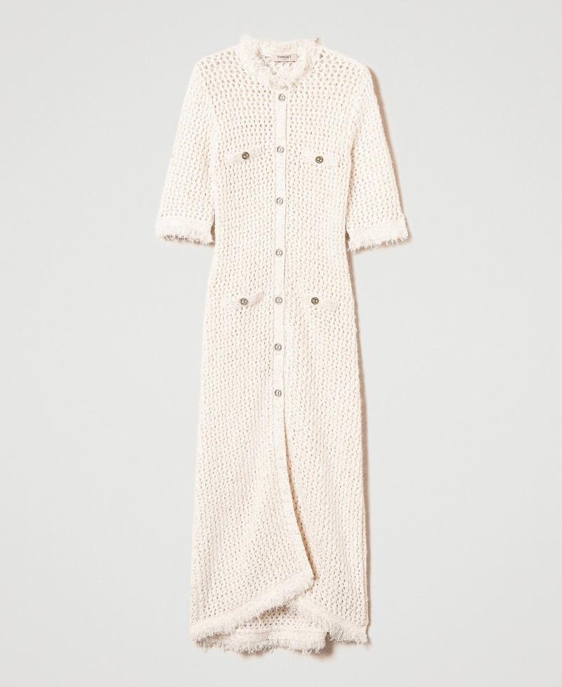 Robe-cardigan en maille jacquard point filet Blanc « Old White » Femme 242TP3772_11748_S0