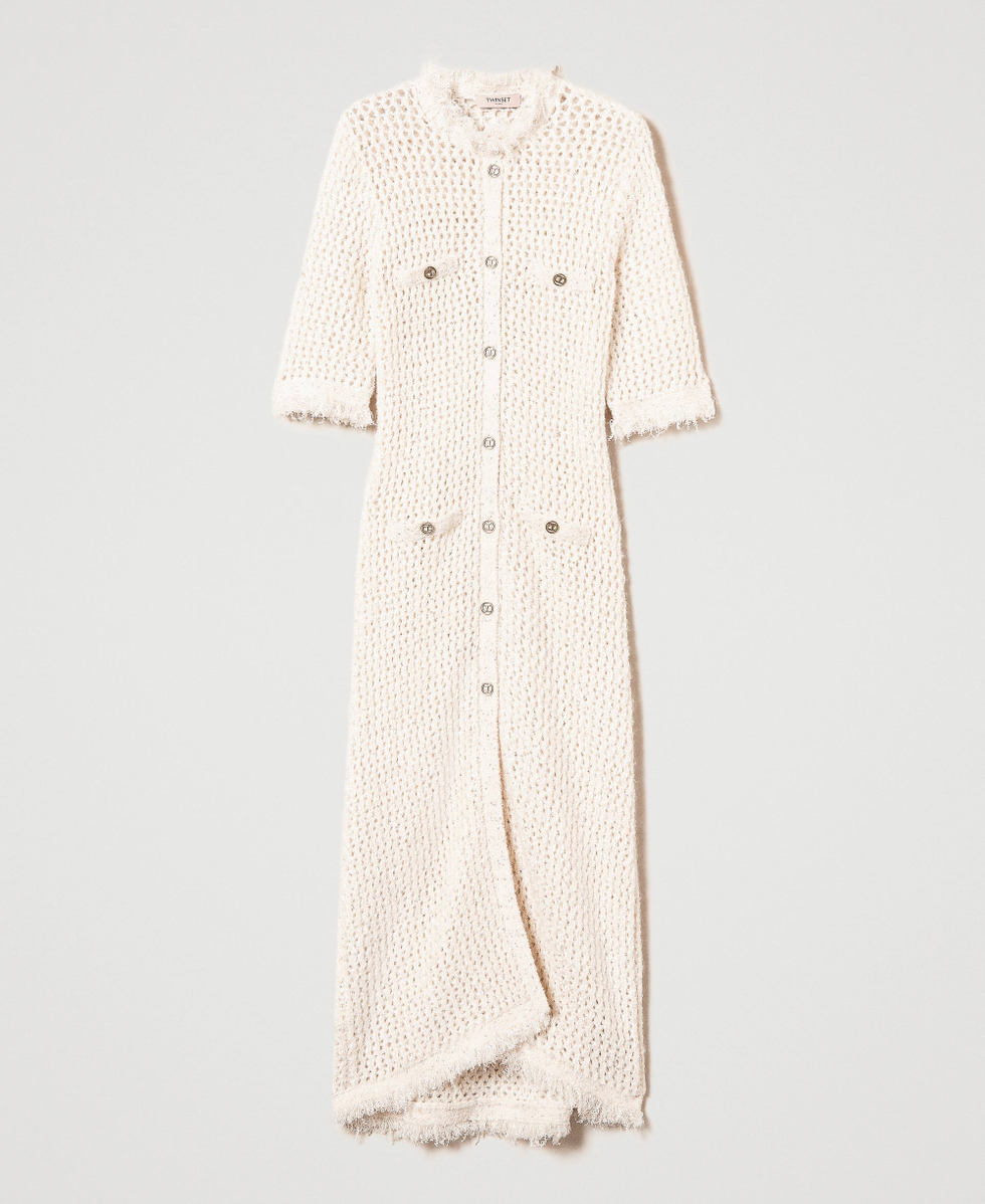Robe-cardigan en maille jacquard point filet Blanc &laquo;&nbsp;Old White&nbsp;&raquo; Femme 242TP3772_11748_S0