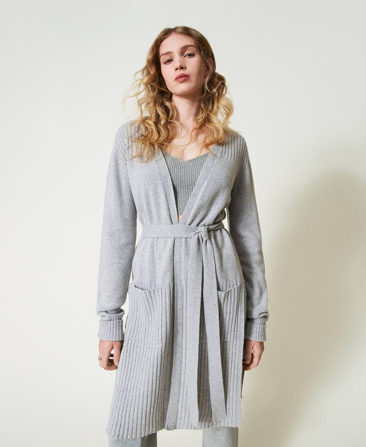 Wool and lurex blend maxi cardigan Two-tone Grey / Silver Woman 242TP378A_11768_02