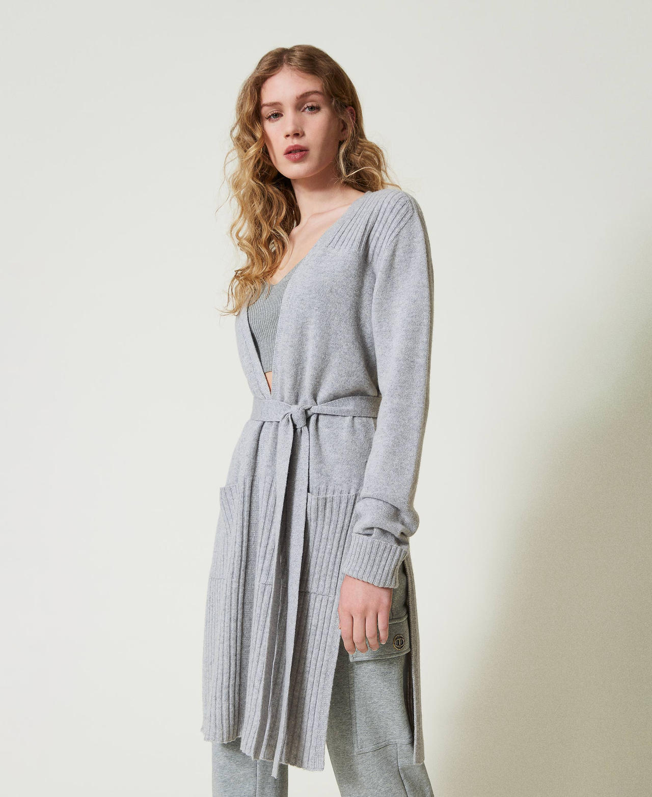Wool and lurex blend maxi cardigan Two-tone Grey / Silver Woman 242TP378A_11768_03