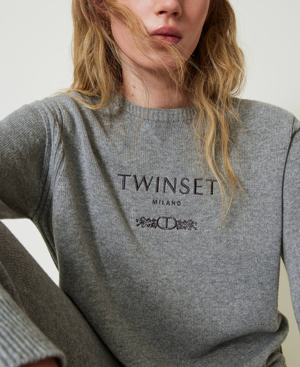 Wool blend jumper with embroidered logo Woman Grey TWINSET Milano