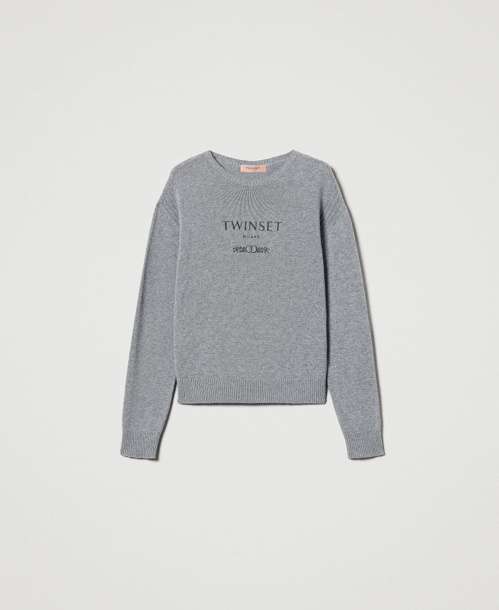 Wool blend jumper with embroidered logo Woman Grey TWINSET Milano