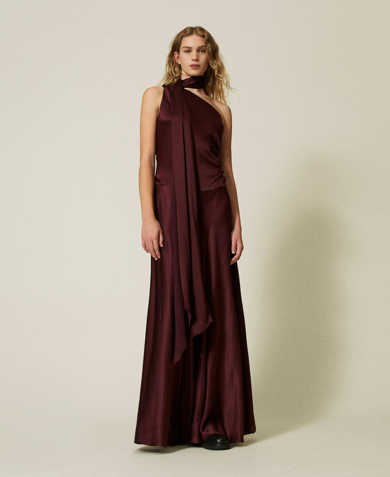 Silk blend long satin one-shoulder dress