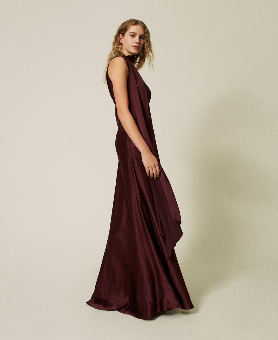 Silk blend long satin one-shoulder dress
