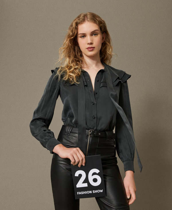 Silk satin shirt with ruffles