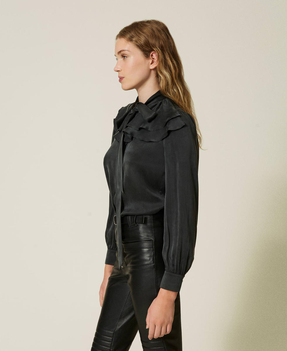 Silk satin shirt with ruffles Woman, Grey | TWINSET Milano