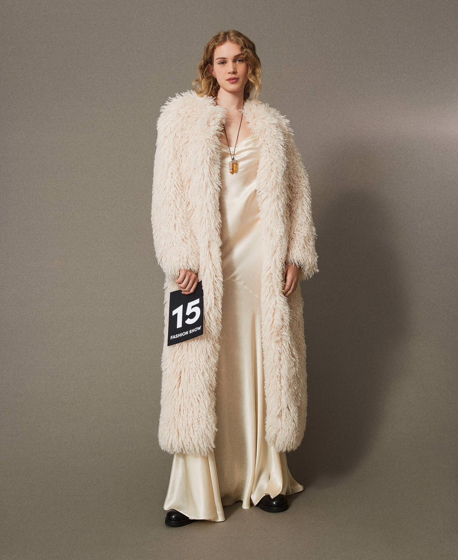 Long faux fur coat White Cream Woman 242TS2130_11952_01