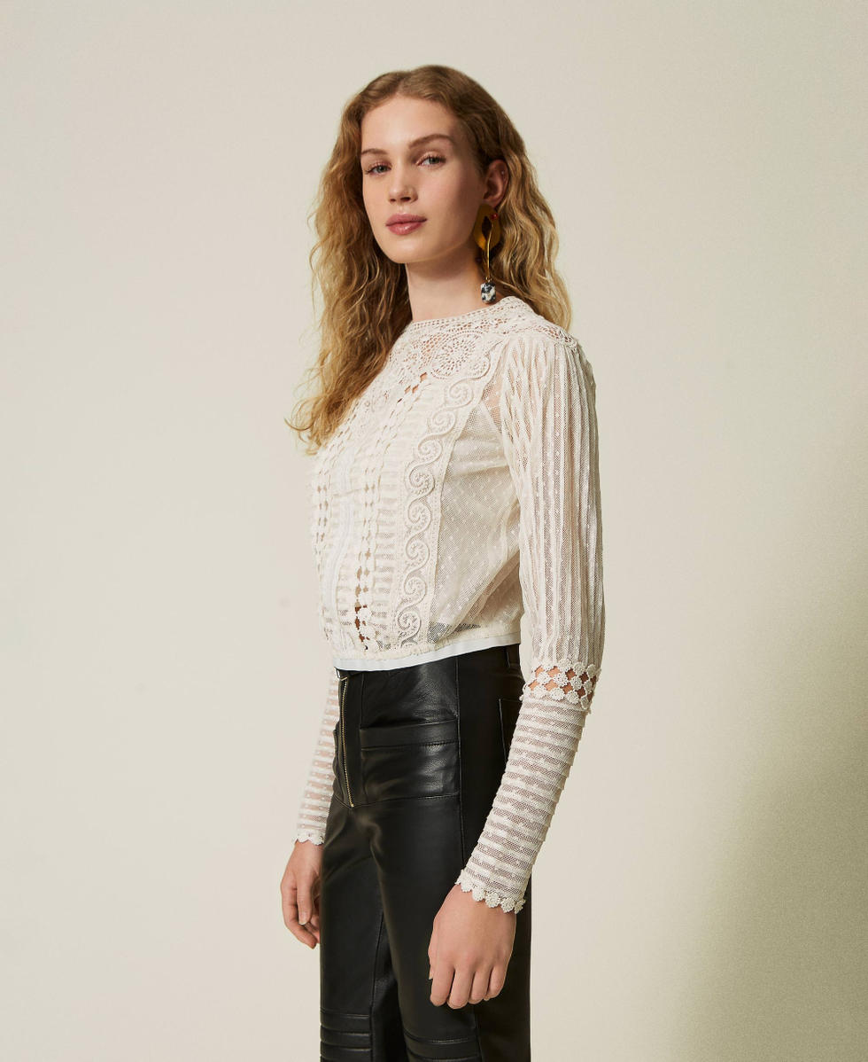 Musselinbluse mit Spitze und Stickereien Wei&szlig; Schnee Frau 242TS2140_00282_03