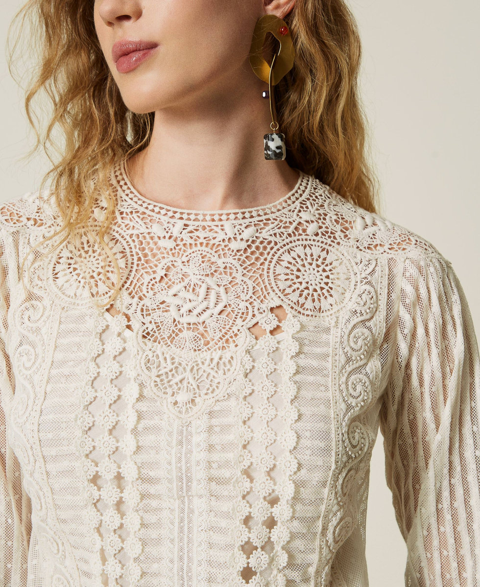 Musselinbluse mit Spitze und Stickereien Wei&szlig; Schnee Frau 242TS2140_00282_05