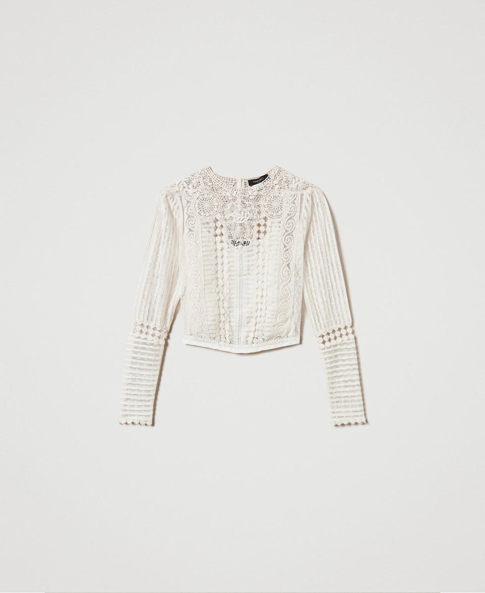 Musselinbluse mit Spitze und Stickereien Wei&szlig; Schnee Frau 242TS2140_00282_S0