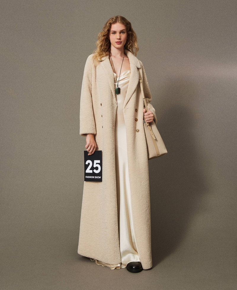 Long double-breasted faux fur coat "Parchment" Beige Woman 242TS2180_07222_01