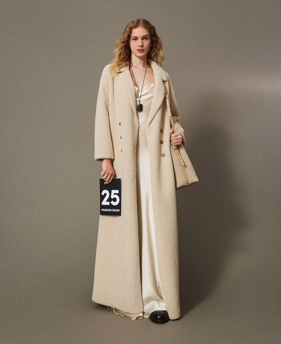 Long double breasted faux fur coat Woman Beige TWINSET Milano