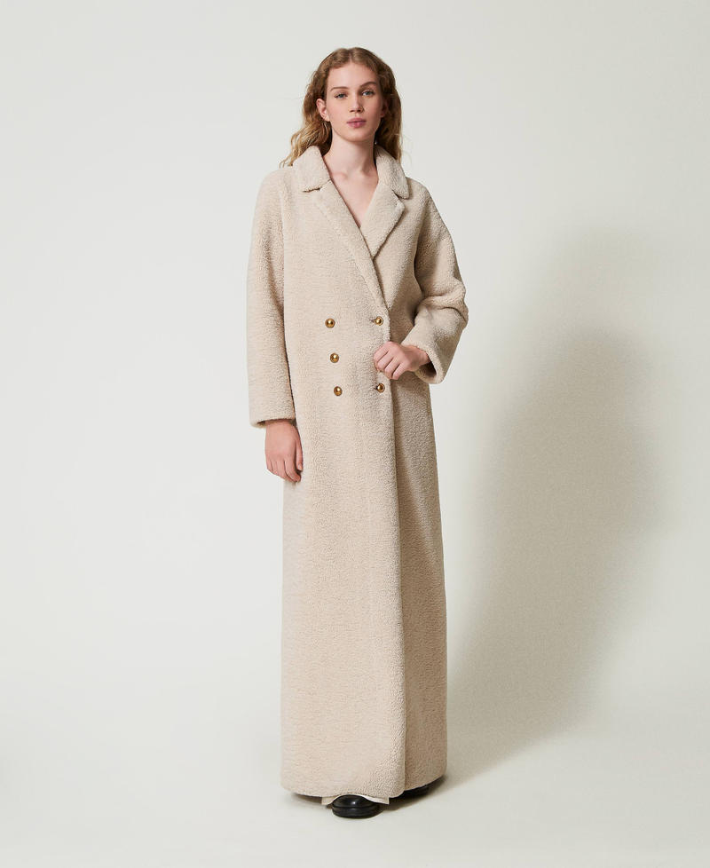 Long double-breasted faux fur coat