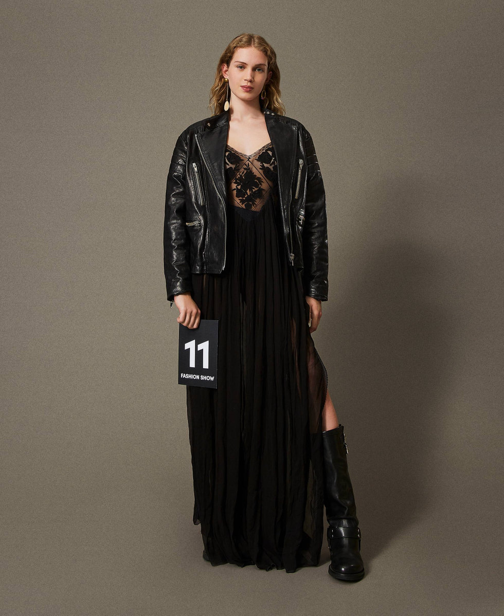 Abito lungo in creponne e tulle Nero Donna 242TS2200_00006_01