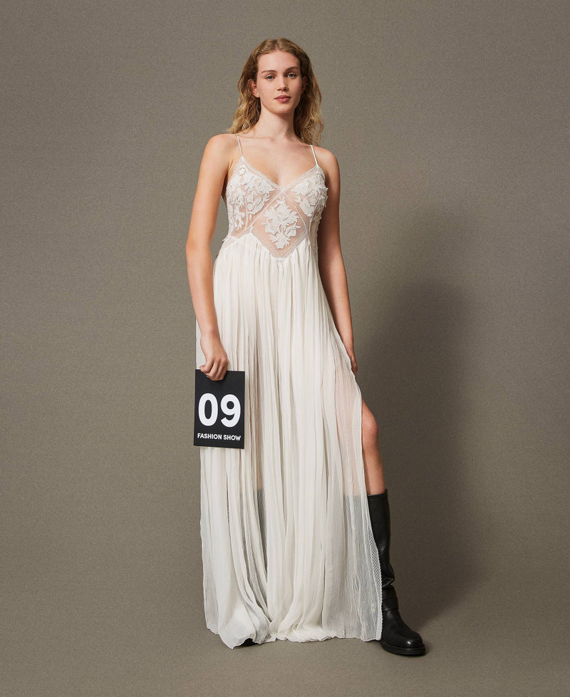 Abito lungo in creponne e tulle Bianco "Butter Cookie" Donna 242TS2200_12078_01