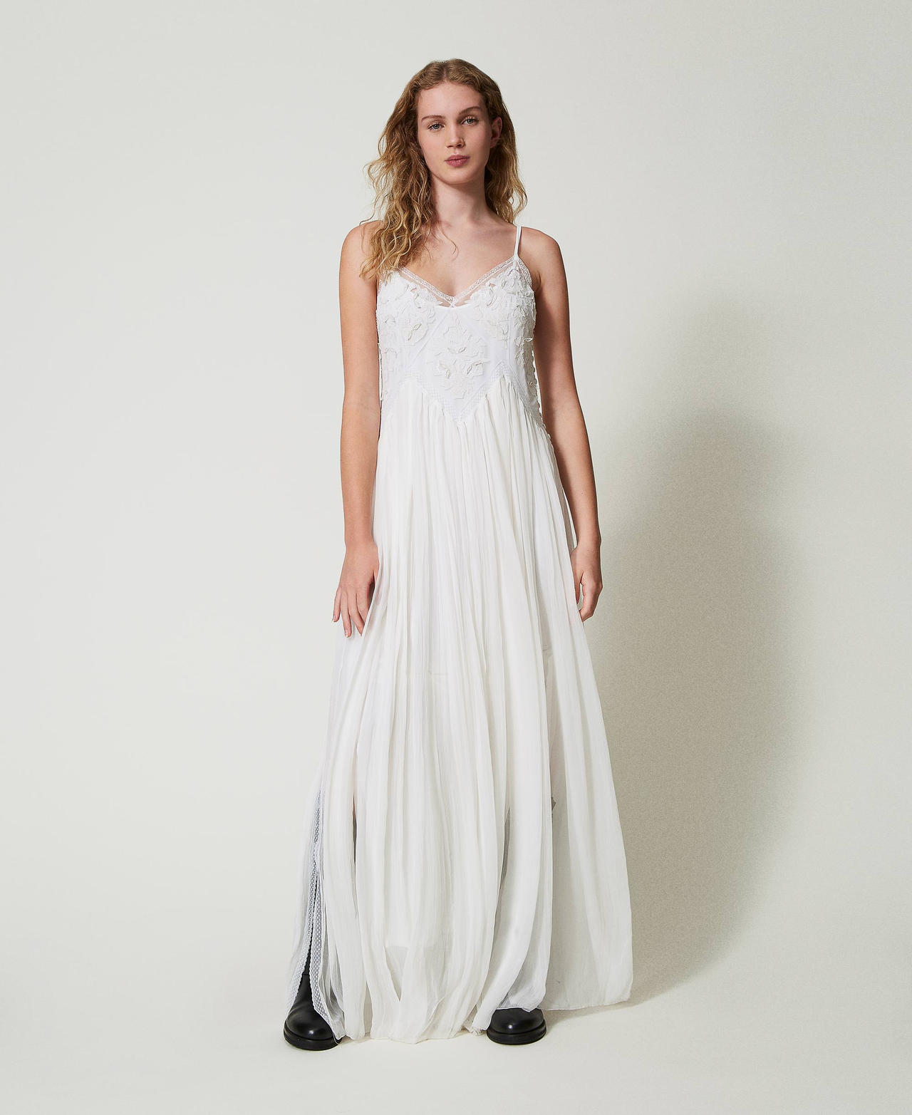 Abito lungo in creponne e tulle Bianco "Butter Cookie" Donna 242TS2200_12078_02