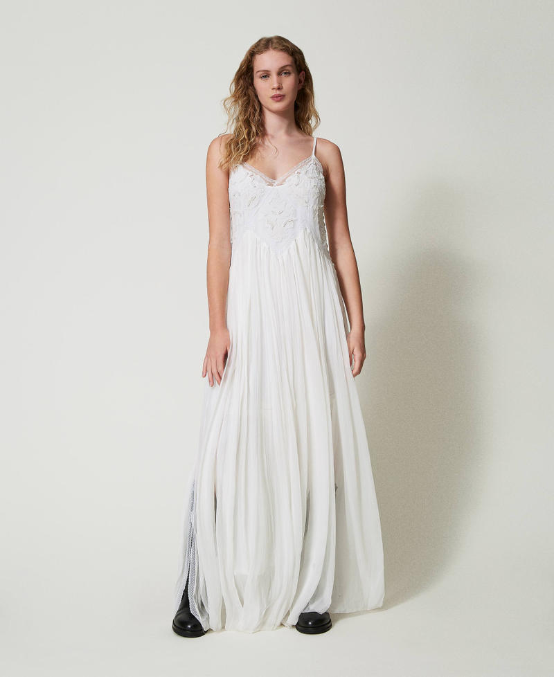 Creponne and tulle long dress Butter Cookie White Woman 242TS2200_12078_02