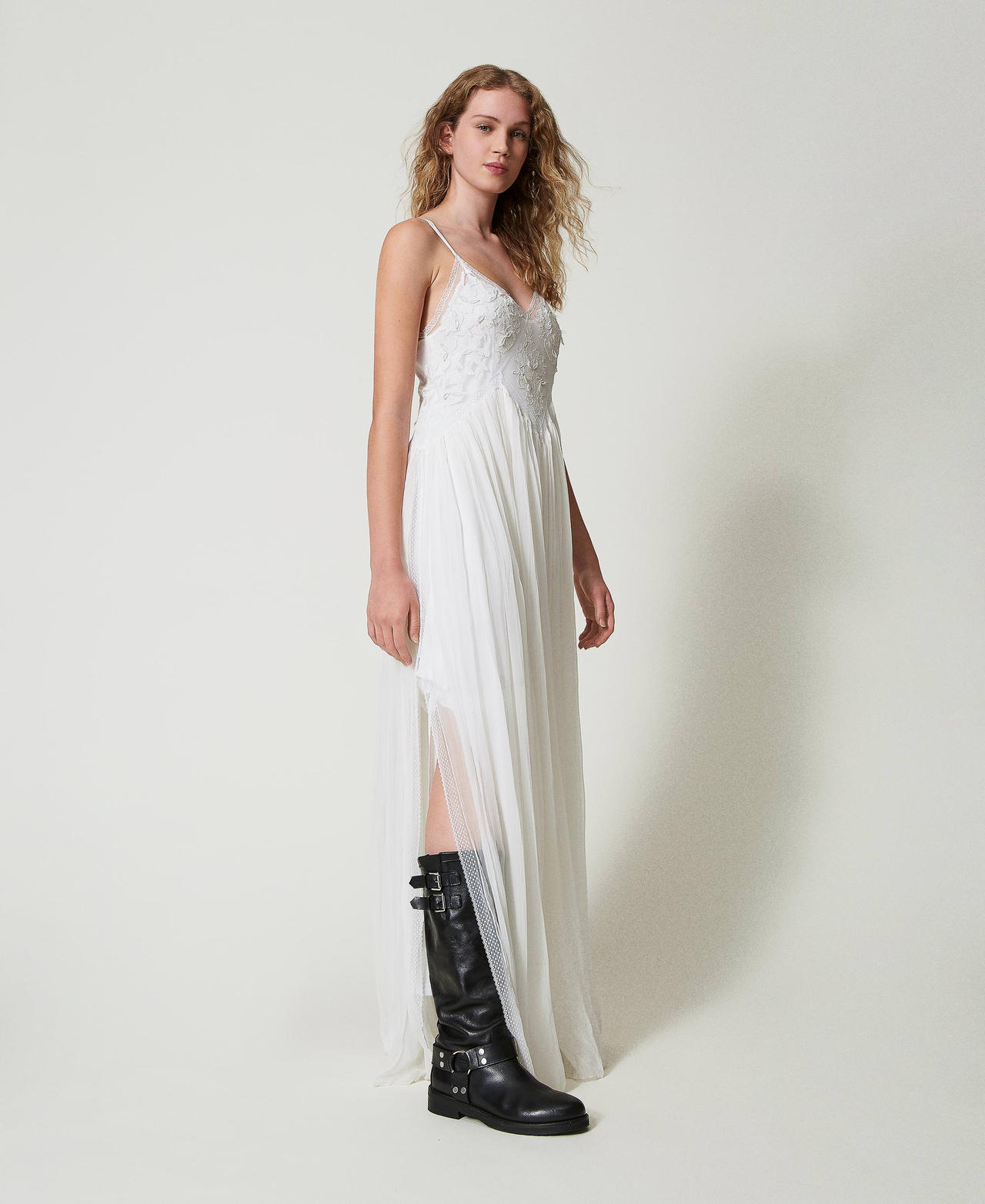 Abito lungo in creponne e tulle Bianco "Butter Cookie" Donna 242TS2200_12078_03