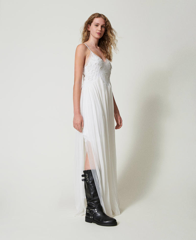 Abito lungo in creponne e tulle Bianco "Butter Cookie" Donna 242TS2200_12078_03