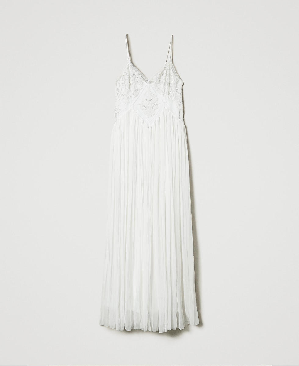 Creponne and tulle long dress Butter Cookie White Woman 242TS2200_12078_S0