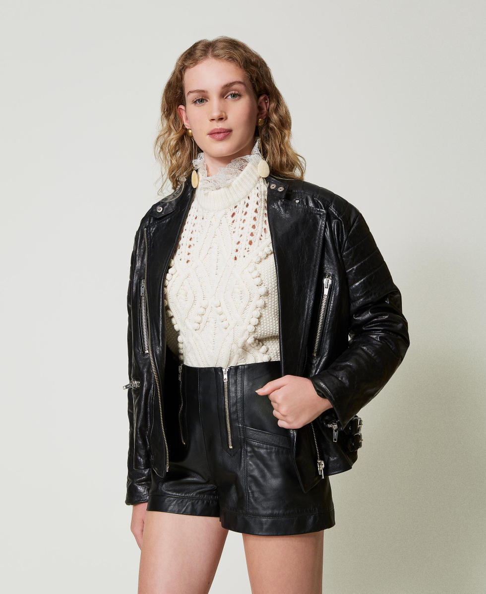 Leather 'Fairfax' shorts with zip Woman, Black | TWINSET Milano