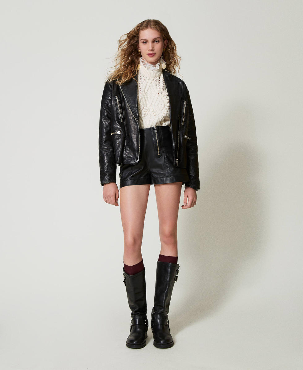 Leather 'Fairfax' shorts with zip Woman, Black | TWINSET Milano