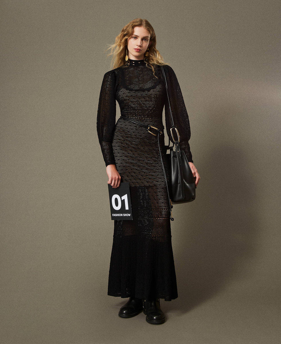 Lara' long lace stitch knit dress Woman, Black | TWINSET Milano