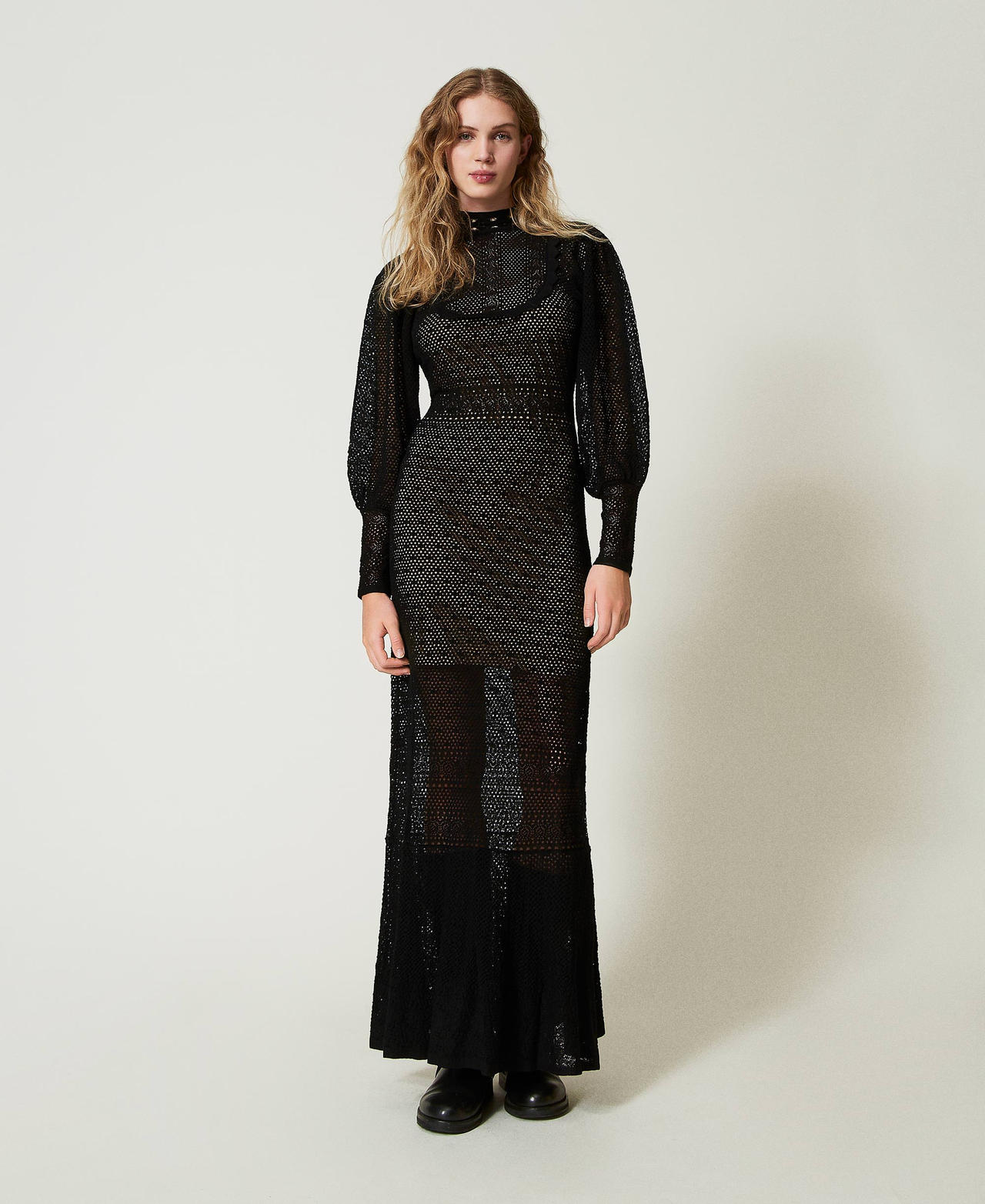 'Lara' long lace stitch knit dress Black Woman 242TS3040_00006_02