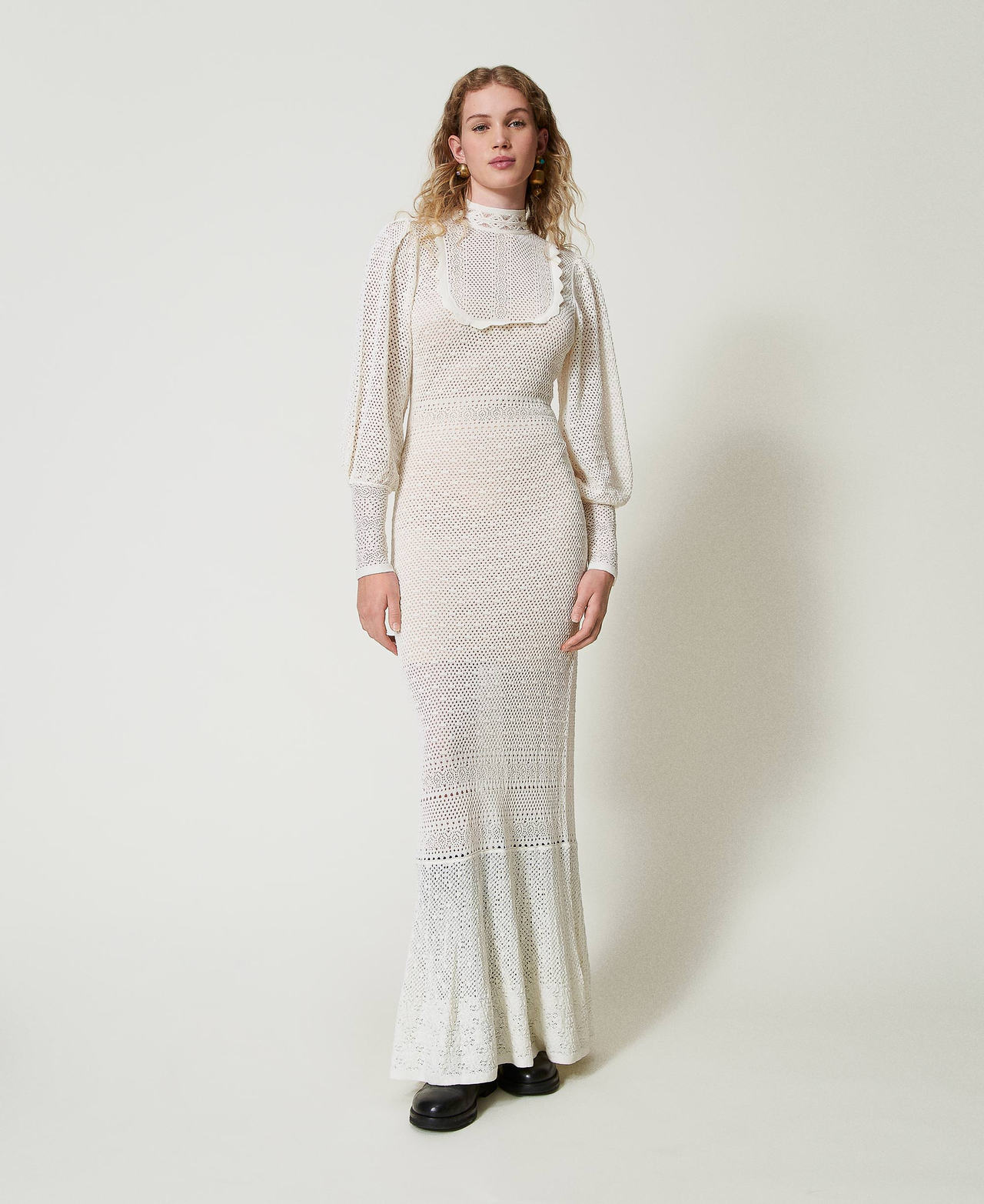 Abito lungo 'Lara' in maglia punto pizzo Bianco Neve Donna 242TS3040_00282_02