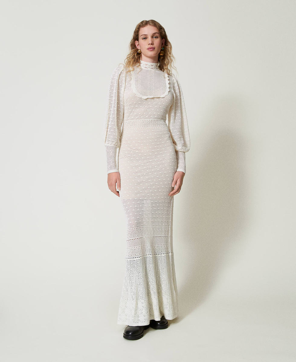 Lara' long lace stitch knit dress Woman, White | TWINSET Milano
