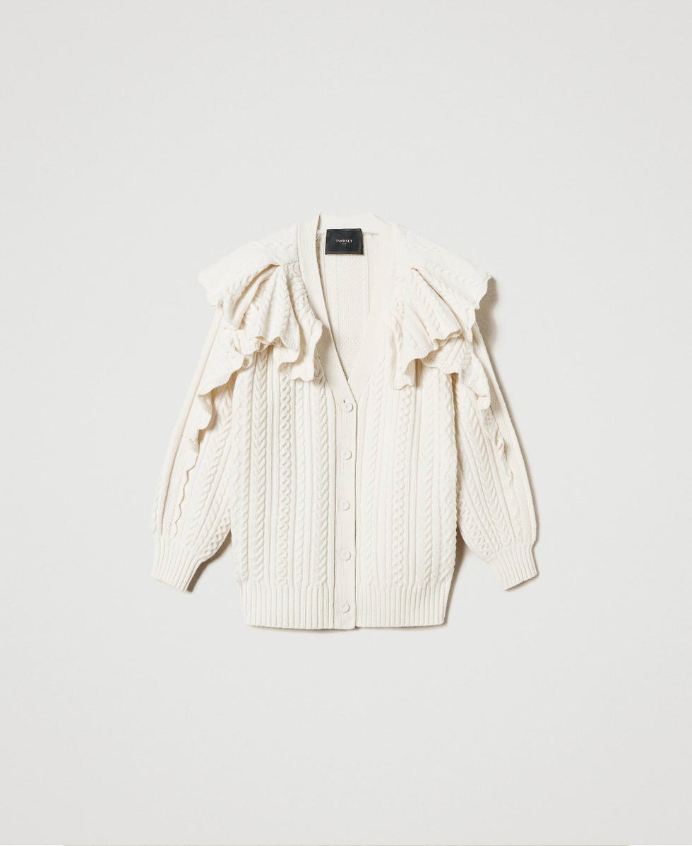 Cardigan en laine m&eacute;lang&eacute;e avec volants