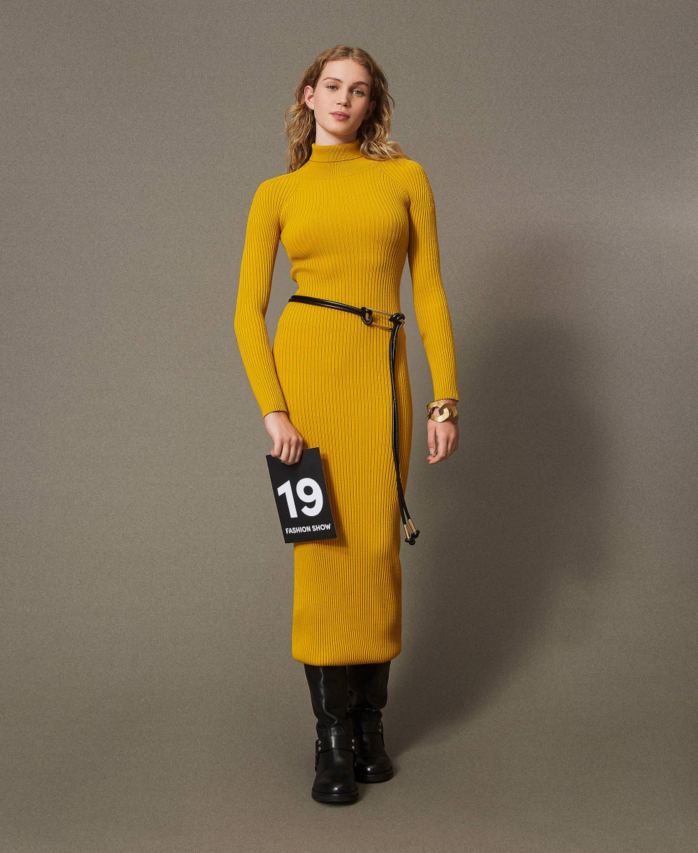 Long knit dress with cut-out Woman, Yellow | TWINSET Milano
