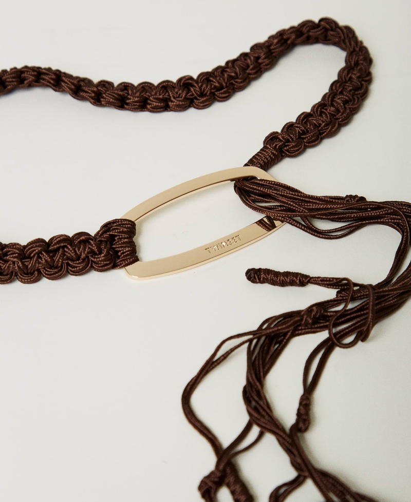 Crochet belt with logo buckle