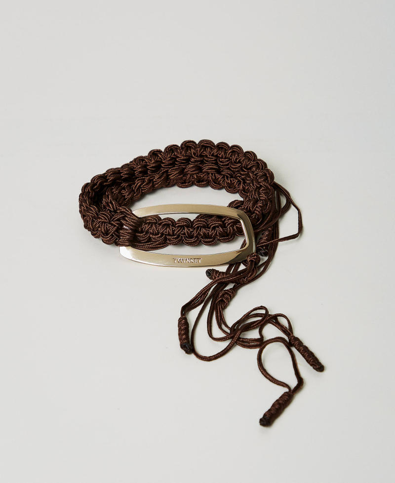 Crochet belt with logo buckle