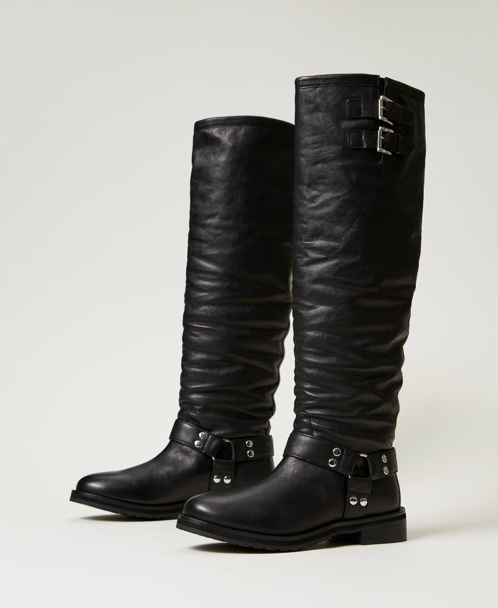 Darcy knee high leather boots with straps Woman Black TWINSET Milano