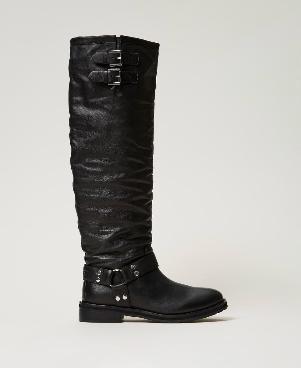 Darcy knee high leather boots with straps Woman Black TWINSET Milano