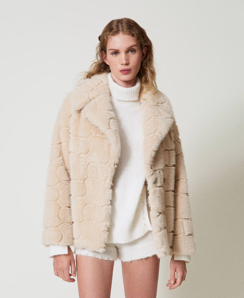 Short faux fur coat with Oval T White Cream Woman 242TT2031_11952_01