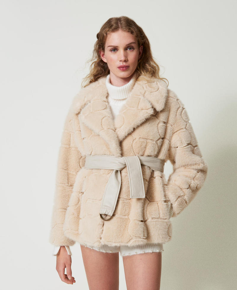 Short faux fur coat with Oval T White Cream Woman 242TT2031_11952_02