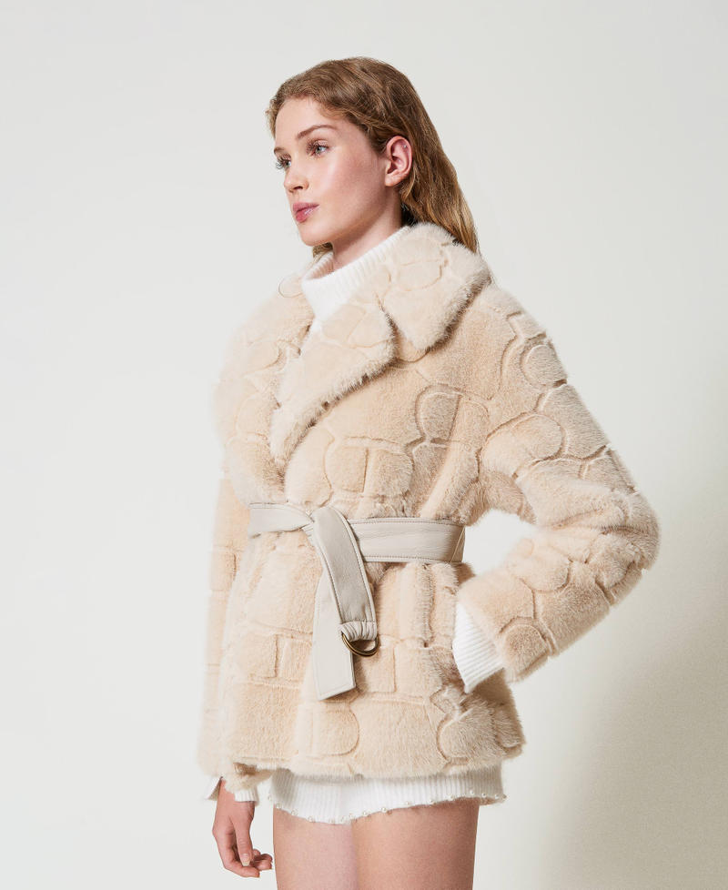 Short faux fur coat with Oval T White Cream Woman 242TT2031_11952_03