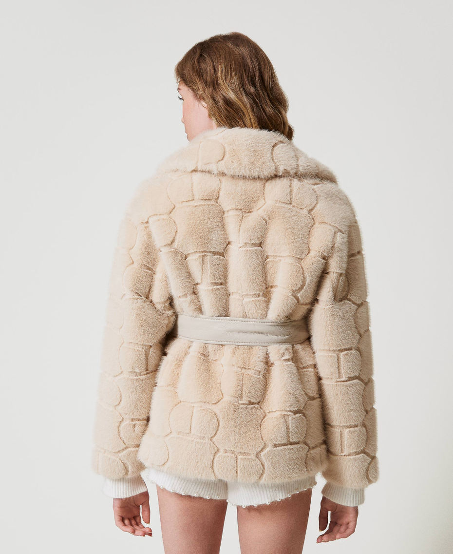 Short faux fur coat with Oval T White Cream Woman 242TT2031_11952_04