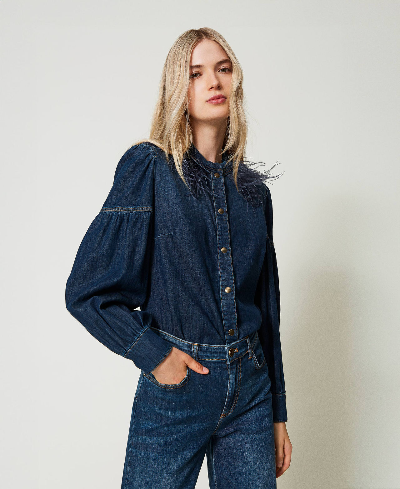 Camicia in jeans con piume Donna Blu TWINSET Milano