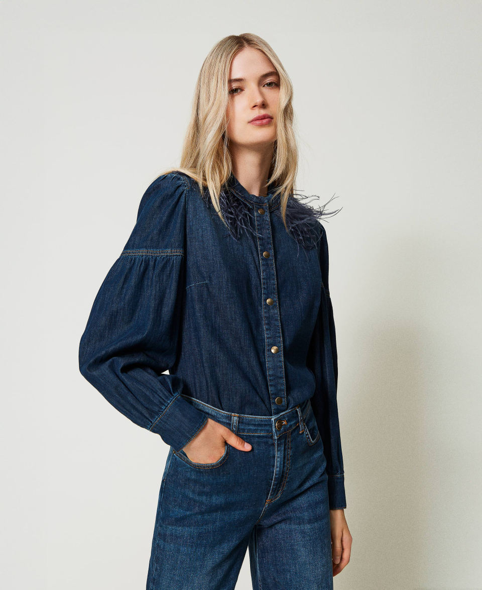 Twin Set Camicia in jeans con piume