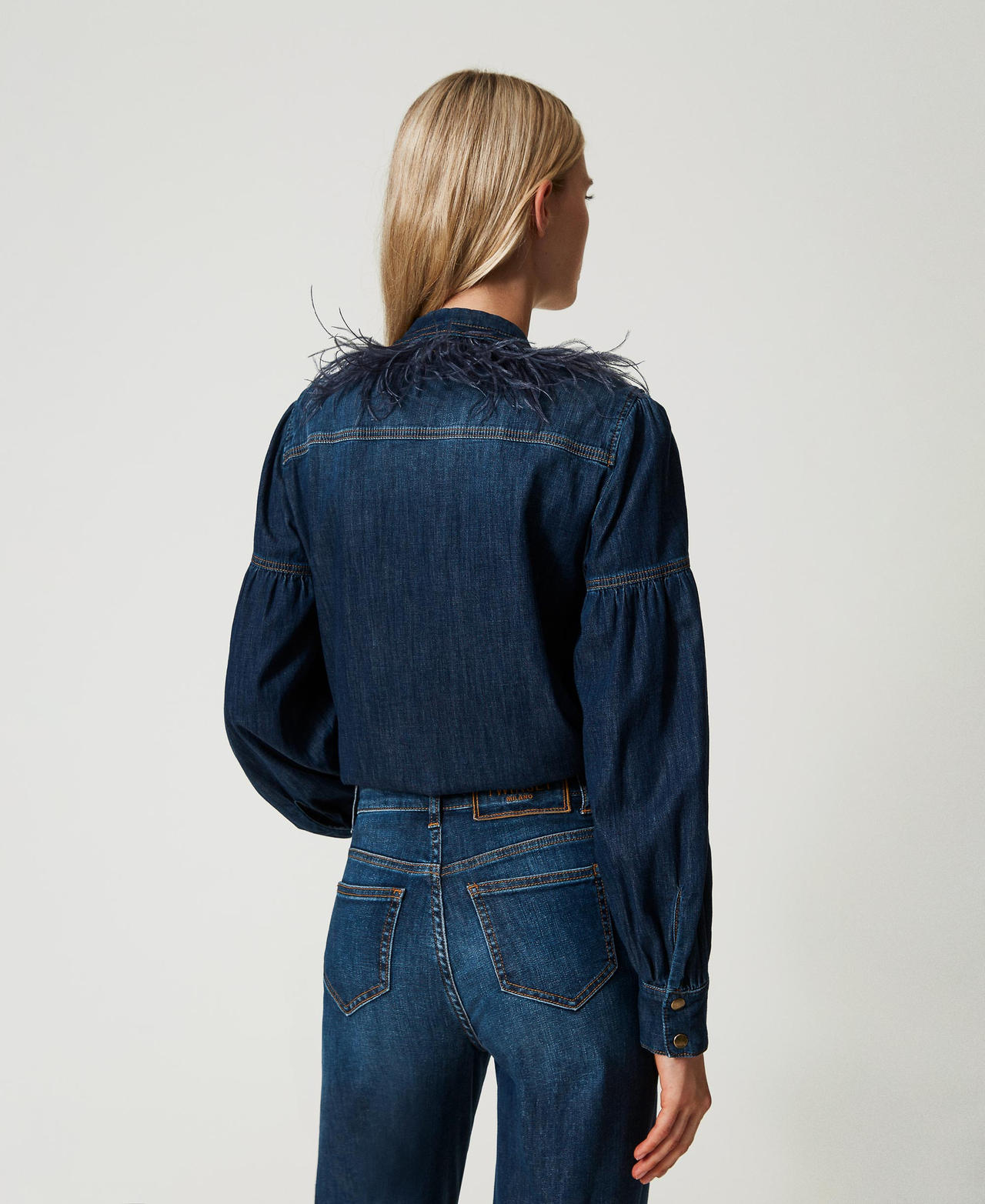 Denim shirt with feathers Dark Denim Woman 242TT2072_01313_03