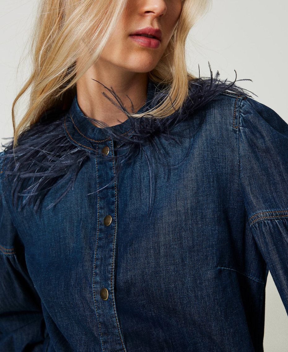 Denim shirt with feathers Dark Denim Woman 242TT2072_01313_04