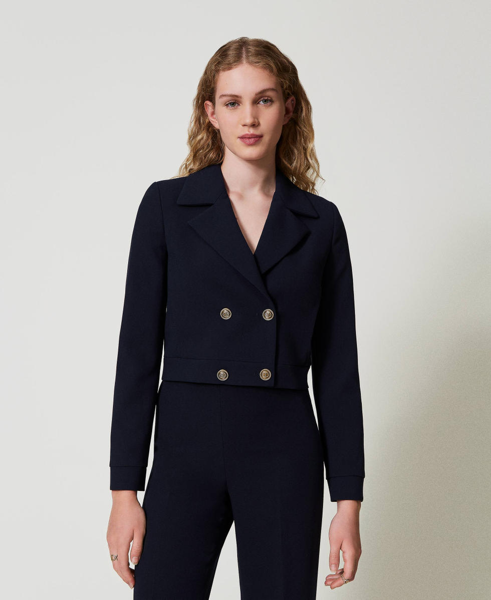 Blouson cropped en cr&ecirc;pe cady Bleu Classique Femme 242TT2100_11956_02